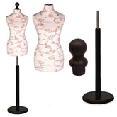 Display Guru Female Uk Size 10/12 Dressmakers Tailors Dummy Mannequin , Brown Flower on cream Torso Bust with Black Wood Round Base